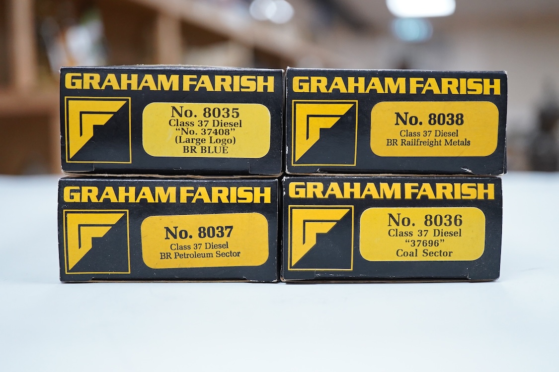 Four boxed Graham Farish N gauge railway Class 37 diesel locomotives; a BR, 37 408 (8035), a BR Coal Sector, 37696 (8036), a BR Petroleum Sector, 37 887 (8037) and a BR Railfreight Metals, 37 906 (8038).